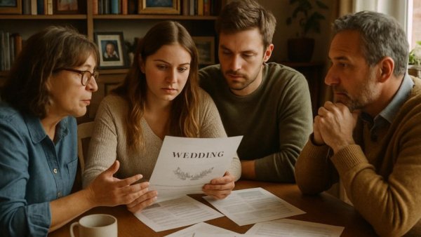 Family planning joy during wedding in cozy living room.