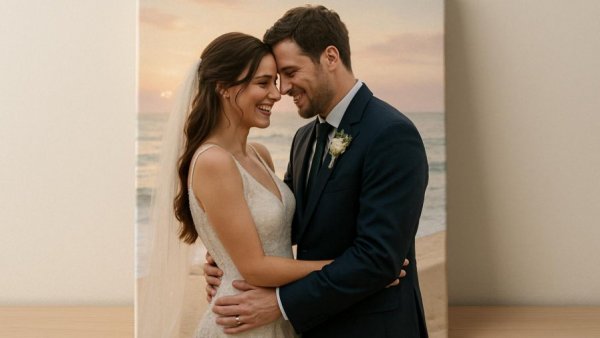 Elegant wedding canvas print with beach sunset