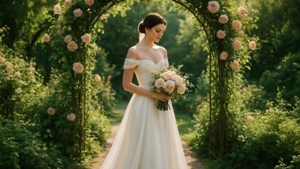 Beautiful backyard wedding dress in a serene garden setting