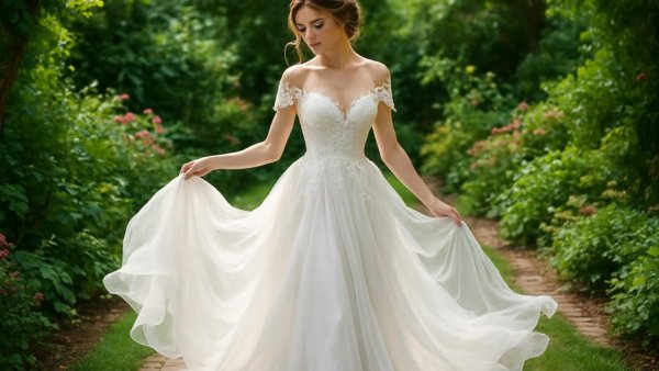 Elegant bride in whimsical wedding dress in a lush garden.
