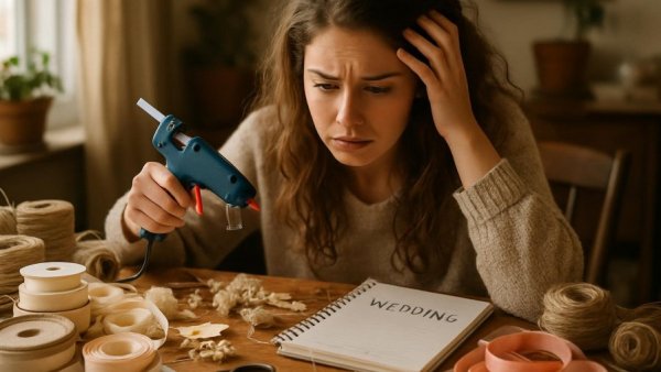 Avoid DIY burnout: Stressed woman planning wedding with DIY materials.