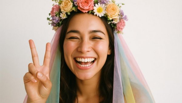 Joyful woman in perfect wedding guest outfit with colorful veil and crown.