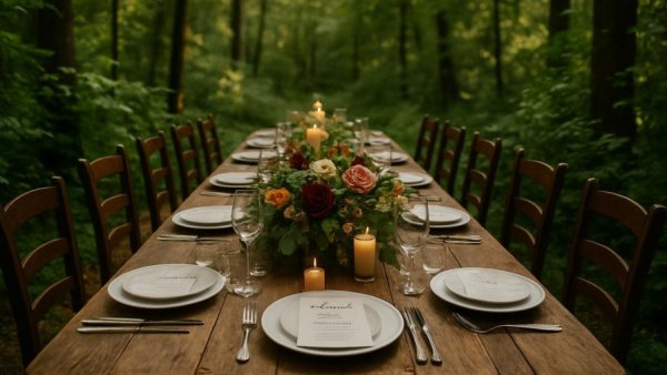 Rustic forest table setting for rehearsal dinner ideas.
