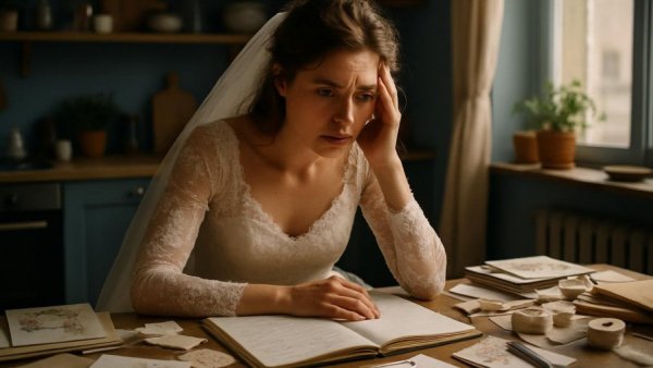 Woman planning wedding in kitchen, feeling overwhelmed on Pinterest