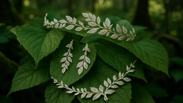 Nature-inspired bridal jewelry on lush leaves.