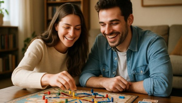 Couple enjoying a board game together in a cozy living room.