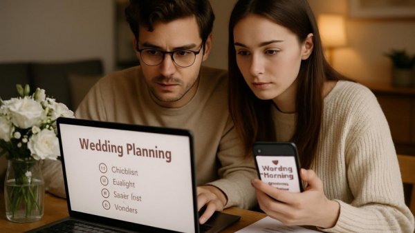 Young couple using AI wedding planning assistance on devices.