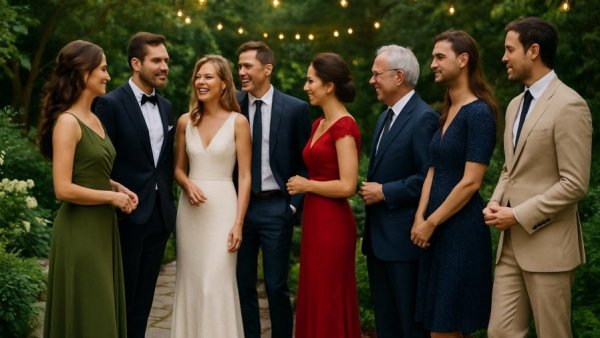Wedding guests in diverse dress codes, outdoor reception.
