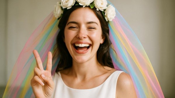 Bride with colorful veil and flower crown, boho wedding decor.