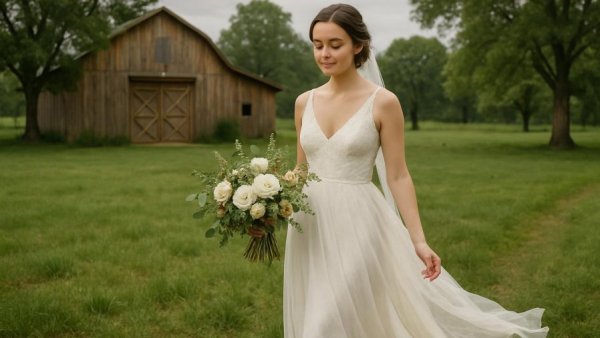 Bride at scenic barn wedding venue, serene setting with bouquet