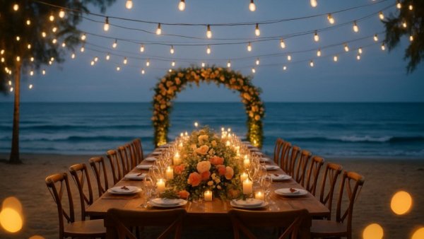 Elegant beachside garden wedding decor ideas with fairy lights.