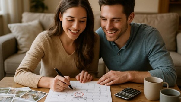 Happy couple planning Sunday or holiday weekend wedding in cozy room.