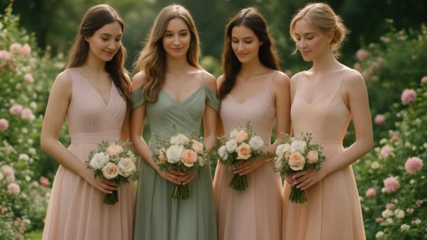 Elegant pastel bridesmaid dresses in 2025 garden setting.