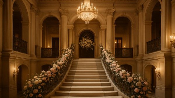 Grand vintage wedding venue staircase with elegant floral decor.