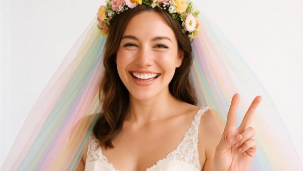 Joyful bride with flower crown and colorful veil