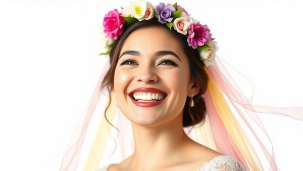 Radiant bride with floral crown and colorful veil at lakeside wedding.