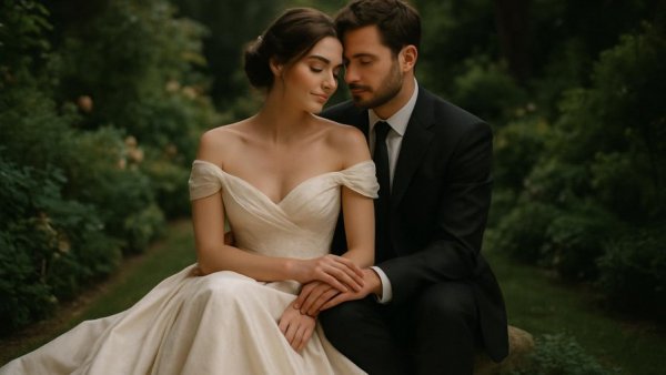 Elegant couple in garden, showcasing wedding photography styles.