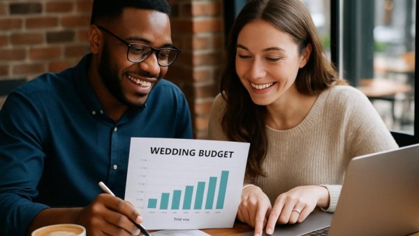 Couple discussing 2025 wedding budget hacks in a coffee shop.