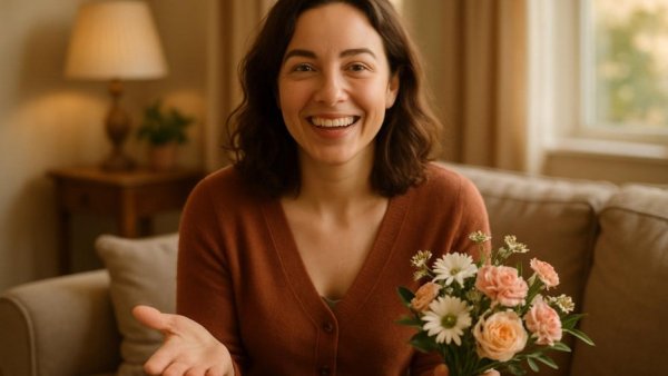Smiling woman discussing budget-friendly wedding flowers in cozy setting.
