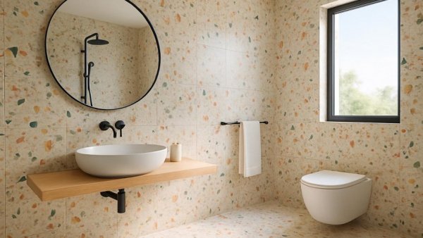 Stylish bathroom featuring vibrant terrazzo tiles with modern aesthetic.