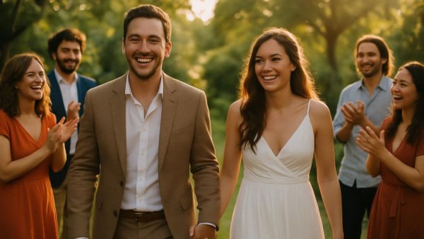 Joyful wedding couple with guests in garden, Wedding Budget by Guest Count.