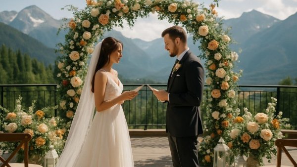 Destination wedding planning checklist: mountain ceremony with bride and groom.