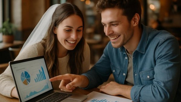 Young couple planning smart wedding for 2025 in a cozy cafe.