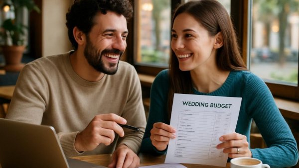 Smiling couple planning wedding budget at a cafe with charts.