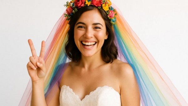 Joyful bride with rainbow veil making peace sign.