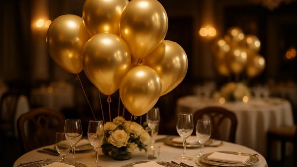 Balloon centerpieces for weddings with golden balloons.
