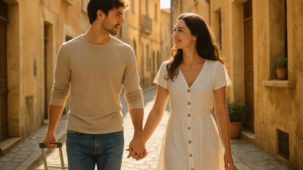 Young couple strolling with suitcase through sunlit European street.