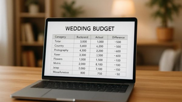 Ultimate Wedding Budget Spreadsheet on laptop in cozy office
