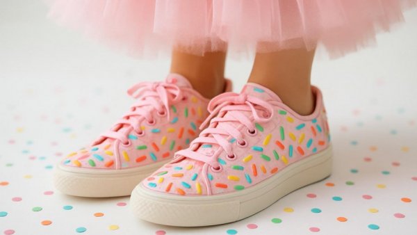Whimsical pink sneakers with sprinkles under a pink tulle skirt at wedding.