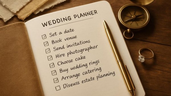 Wedding planning meeting to discuss estate planning for newlyweds.