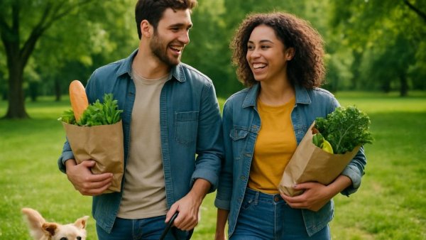 Young couple building an equal partnership while walking in park