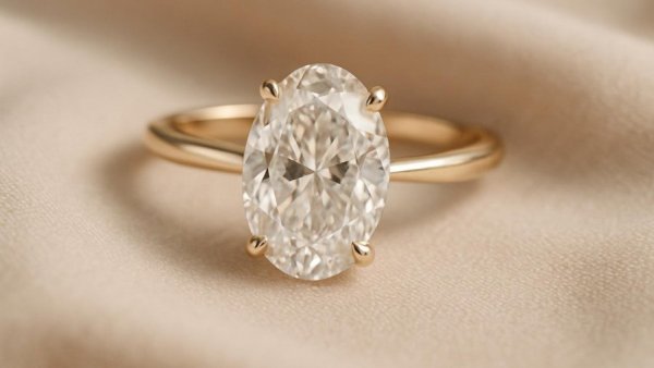 Elegant gold engagement ring with lab-grown diamond on fabric