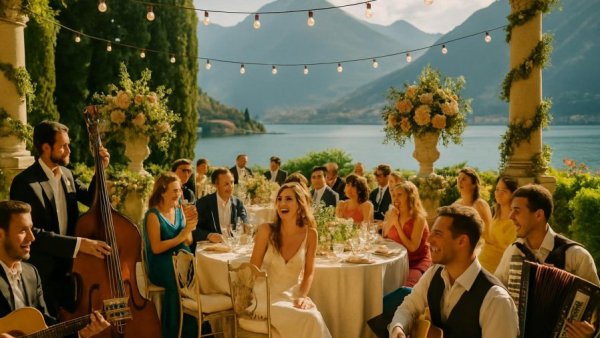 Charming outdoor wedding at Lake Como, Italy with DJ and musicians.