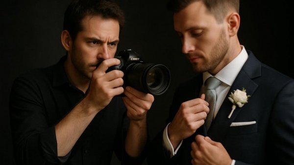 Wedding photographer capturing groom adjusting tie in preparation scene