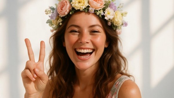 Smiling woman with floral crown and pastel veil