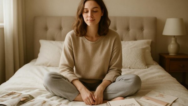 Young woman coping with wedding planning burnout in cozy bedroom.