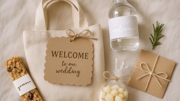 DIY wedding welcome bags on a budget with charming items on soft fabric.