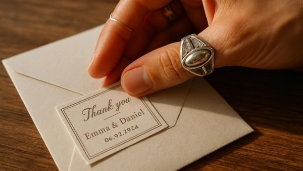 Hand placing personalised wedding favour label on envelope.
