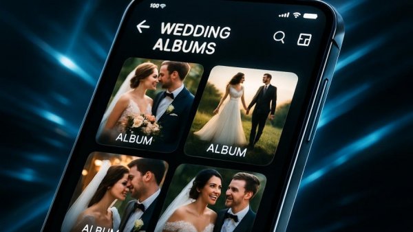 Futuristic wedding photography app interface on smartphones, trends 2026.