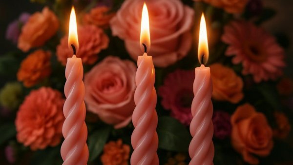 Elegant wedding reception candles twirling above vibrant flowers.