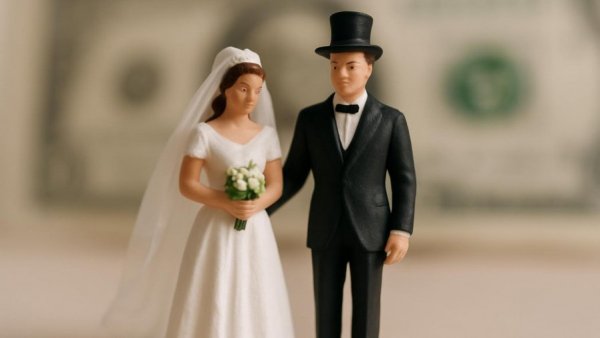 Miniature bride and groom on dollar bill depicting wedding cost myths.