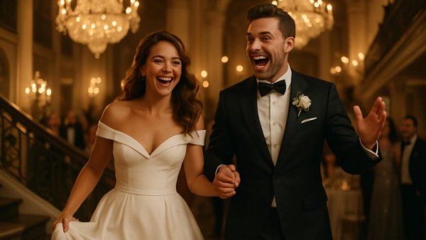 Elegant couple in pink bridal gown, wedding celebration with chandeliers.