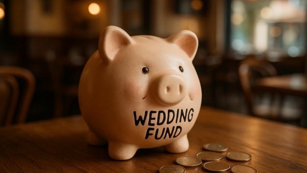 Wedding Budget Tips: Charming piggy bank with coins and wedding theme.