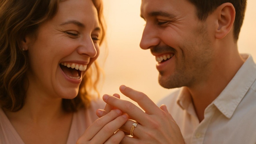 Joyful couple exchanging bespoke engagement rings in soft golden light.