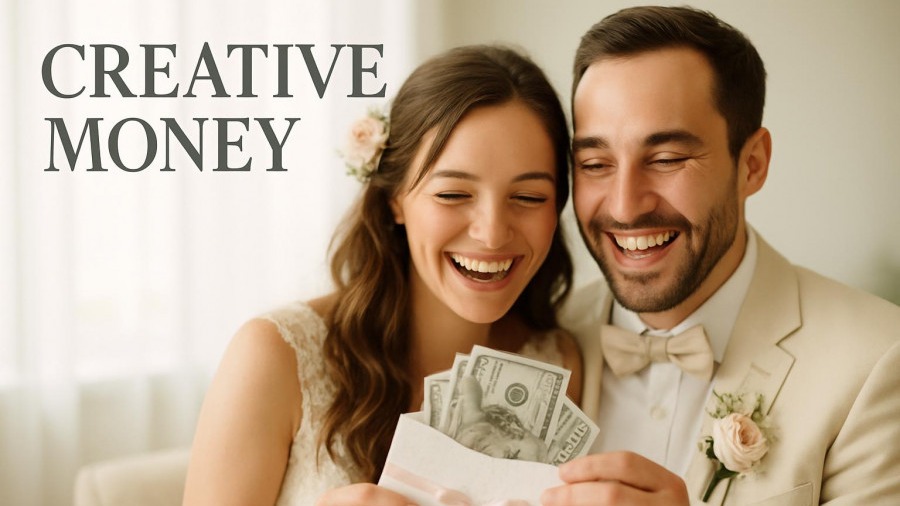 Joyful couple happily receiving cash gifts for weddings with a soft, warm glow.