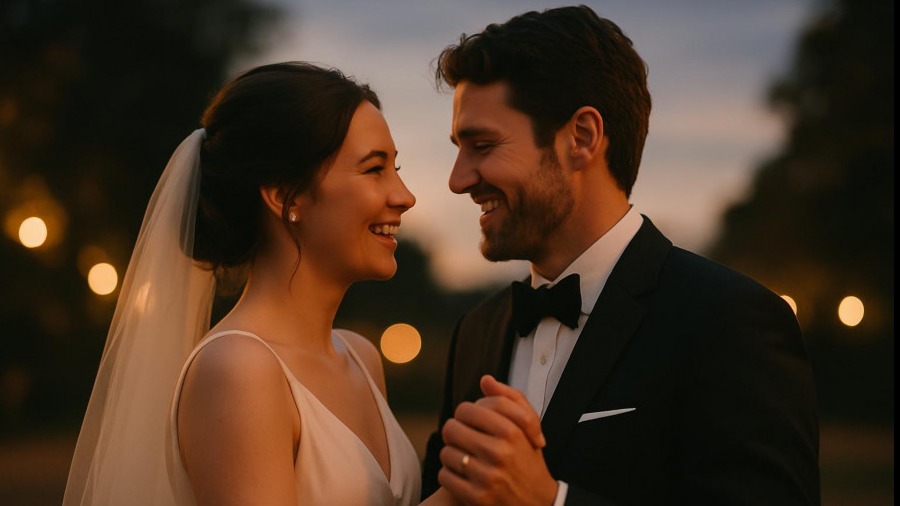 Joyful newlyweds share a heartfelt wedding dance, embodying emotional connection and intimacy.